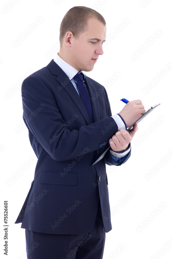 young businessman in suit writing something in clipboard isolate young businessman in suit writing something in clipboard isolate
