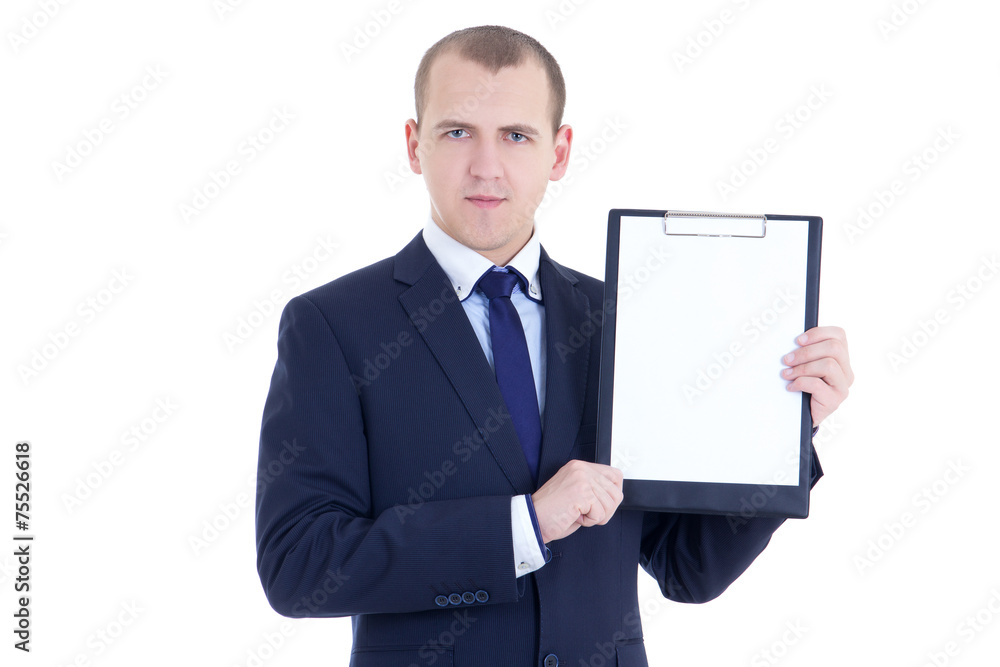 handsome business man in suit with blank clipboard isolated on w handsome business man in suit with blank clipboard isolated on w