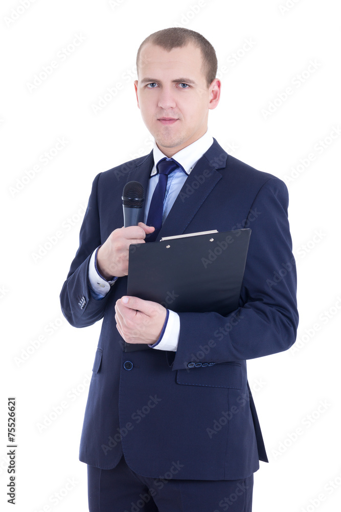 handsome man reporter in suit with microphone and clipboard isol handsome man reporter in suit with microphone and clipboard isol