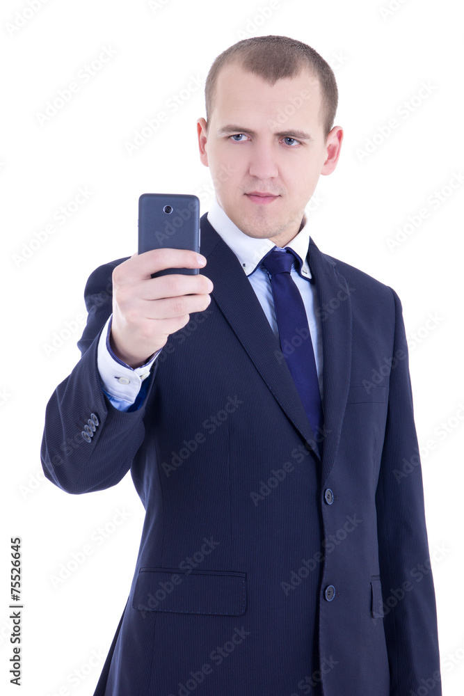 business man taking photos with mobile camera isolated on white business man taking photos with mobile camera isolated on white