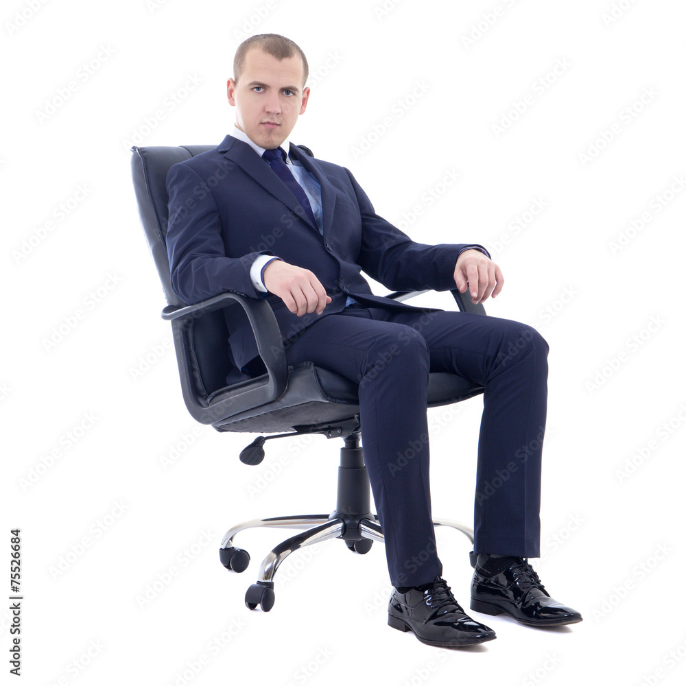 young business man sitting on office chair isolated on white young business man sitting on office chair isolated on white