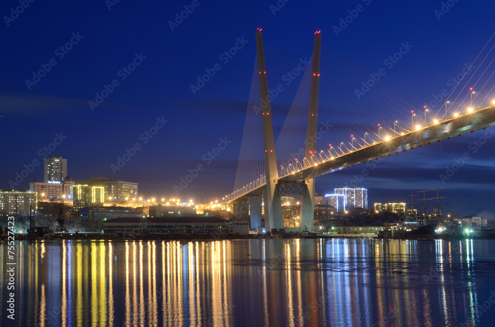 Ночной вид моста во Владивостоке через залив Золотой Рог