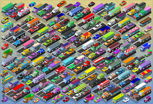 Isometric Cars, Buses, Trucks, Vans, Mega Collection All In Vector