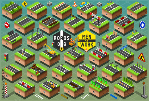 Isometric Road Signs Set on Green Terrain