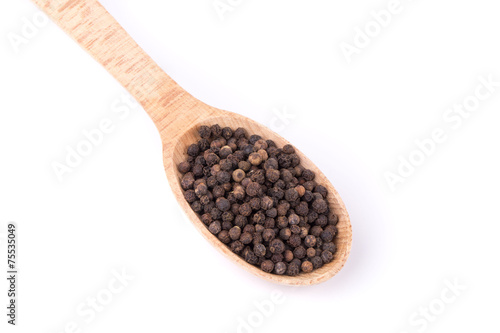 Black peppercorns on a wooden spoon.