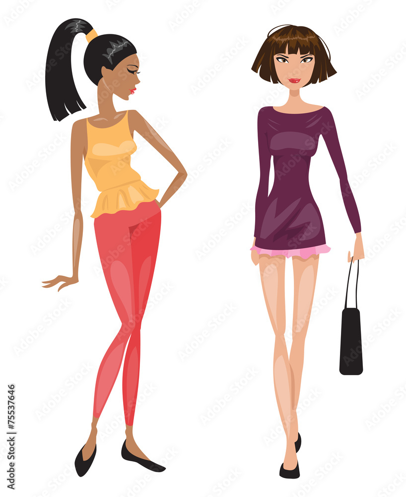 Two young beautiful fashionable woman. Vector illustration Two young beautiful fashionable woman. Vector illustration