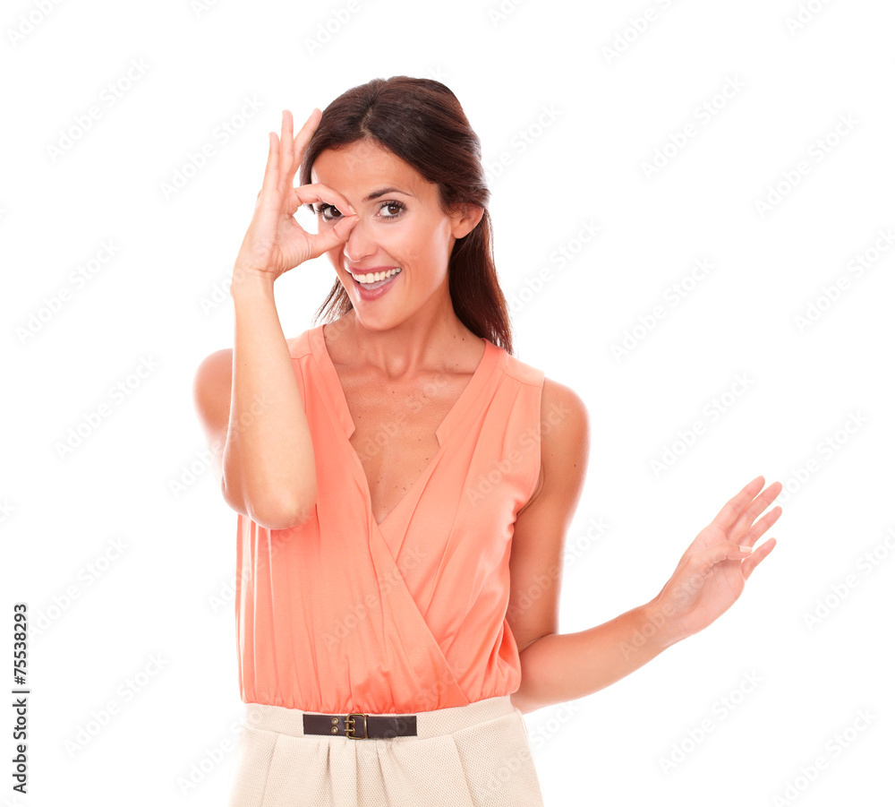 Smart young female looking through monocular Smart young female looking through monocular