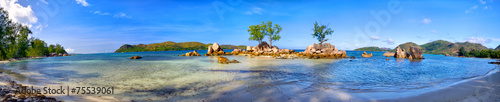 Tropical beach panorama in Praslin Island, Seychelles