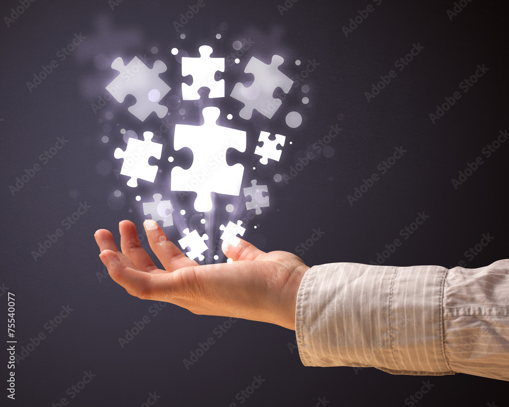 Puzzle pieces in the hand of a woman Puzzle pieces in the hand of a woman