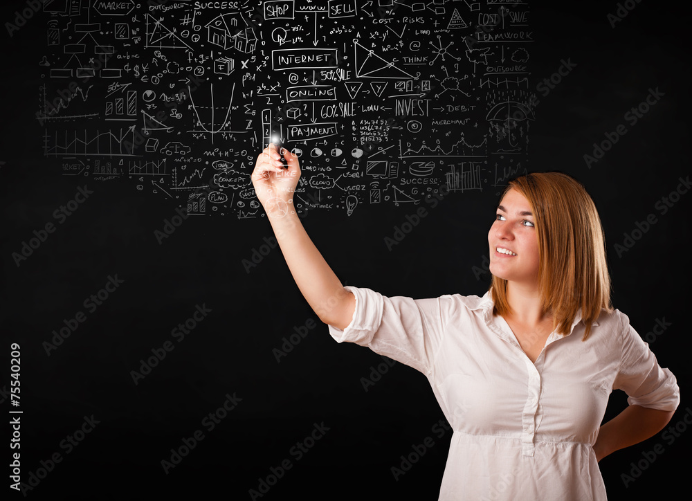 Young woman sketching and calculating thoughts Young woman sketching and calculating thoughts