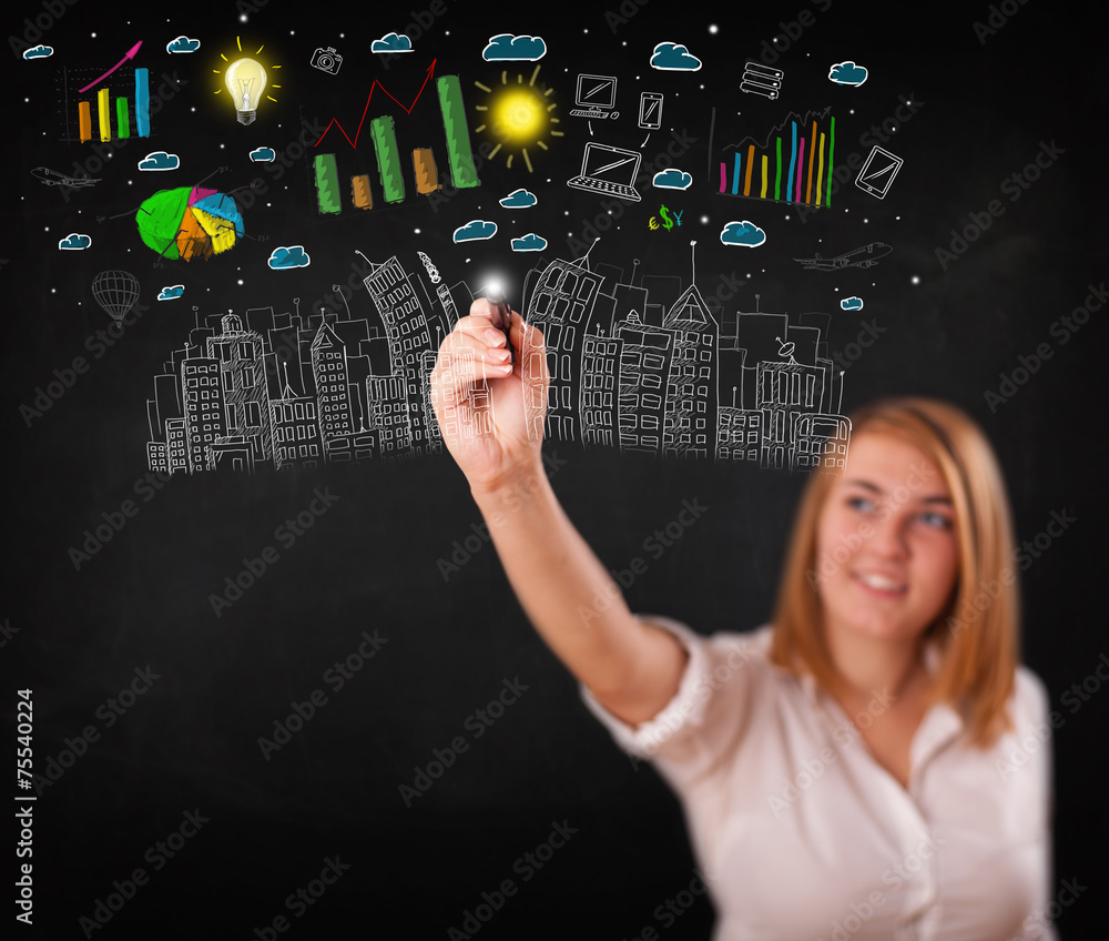 Cute woman sketching city and graph icons