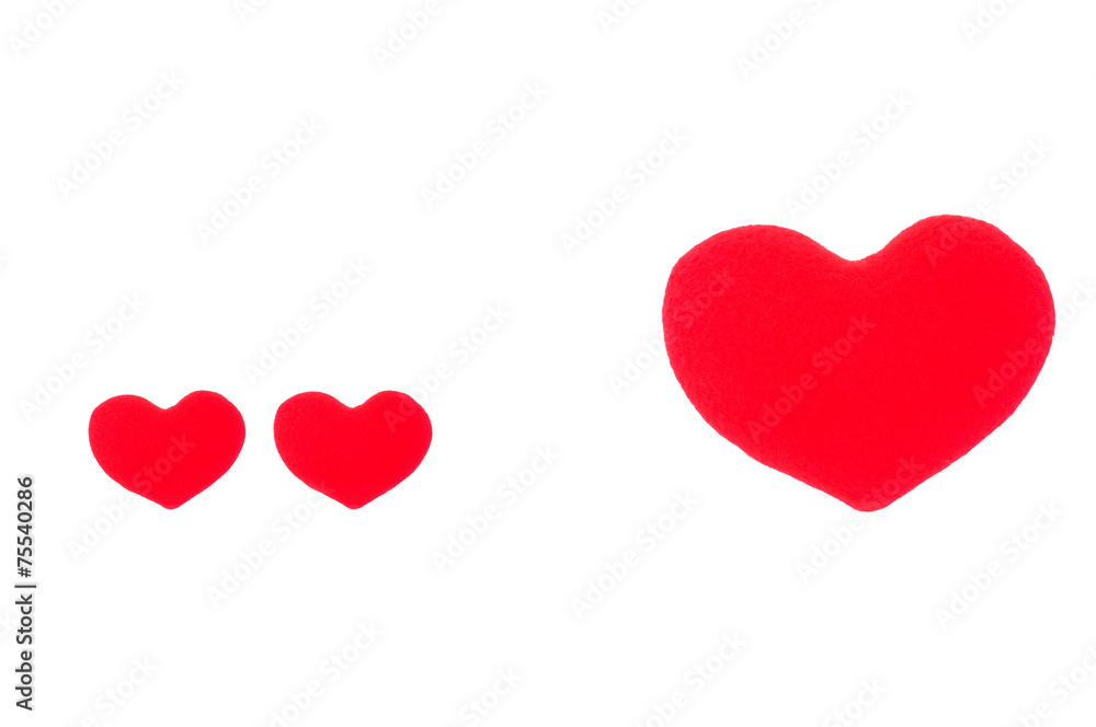 A small red heart and a big red heart on a white background