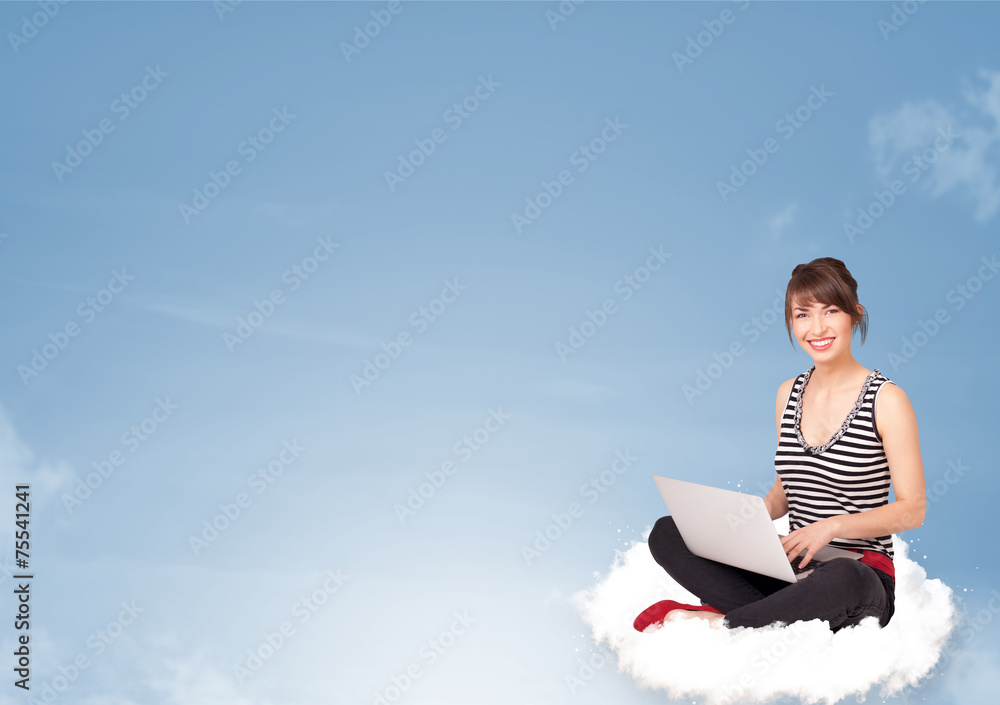 Young woman sitting on cloud with copy space