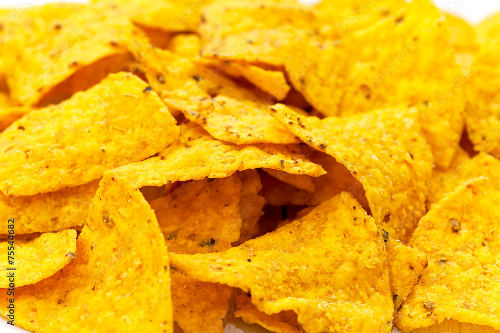 Crispy tortilla chips, close up Crispy tortilla chips, close up