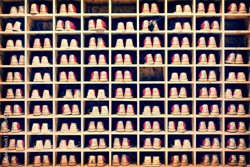 Collection of bowling shoes on shelves in their rack, vintage bowling sport background