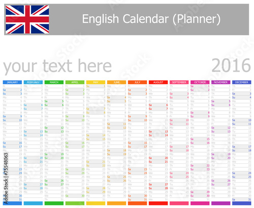 2016 English Planner Calendar with Vertical Months