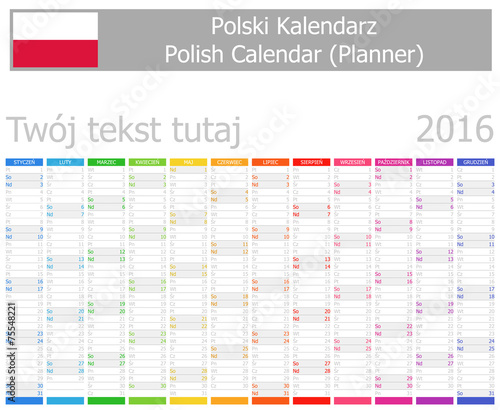 2016 Polish Planner Calendar with Vertical Months
