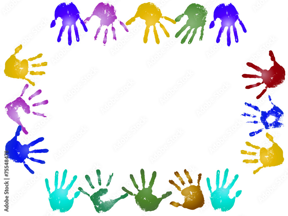Conceptual children painted hand print frame isolated Conceptual children painted hand print frame isolated
