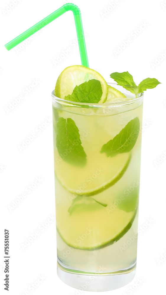 Fruit lemonade with lime and ice cubes and leaf mint in a highba Fruit lemonade with lime and ice cubes and leaf mint in a highba
