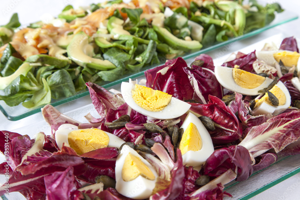 Salads, salmon, organic vegetables, Hard-boiled eggs