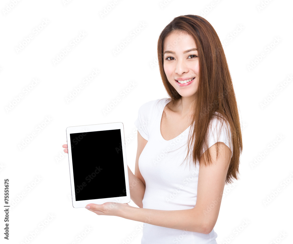 Woman show with blank screen of tablet Woman show with blank screen of tablet
