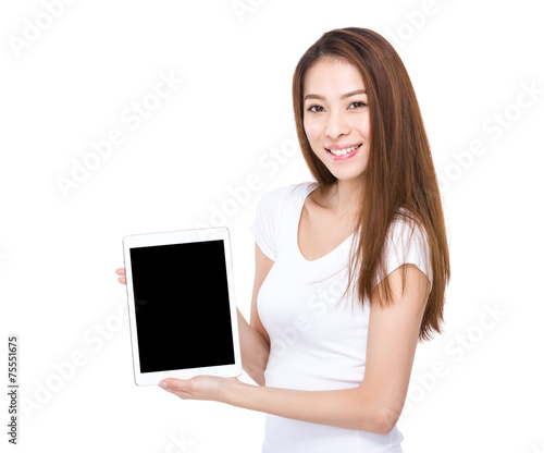 Woman show with blank screen of tablet