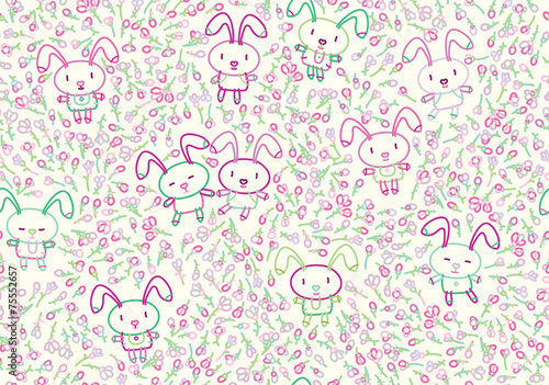 Vector seamless cute pattern, rabbits and flora.