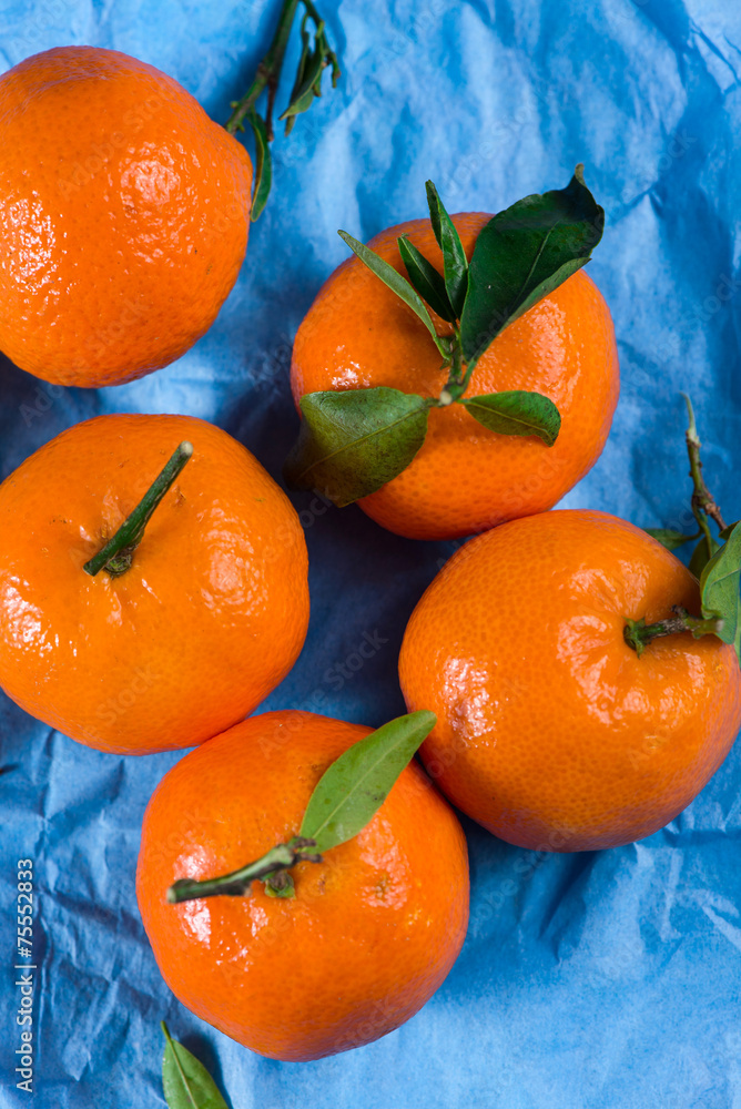 Fresh organic clementines from above on blue background