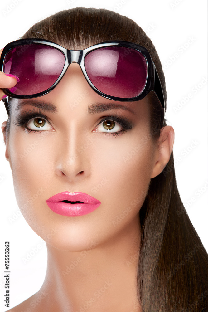 Beautiful Model in Red Violet Shades Looking up. Bright Makeup a Beautiful Model in Red Violet Shades Looking up. Bright Makeup a