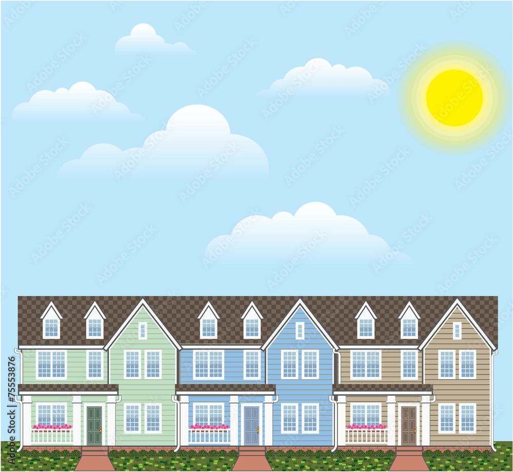 Townhouses Row with Sunny weather Vector Townhouses Row with Sunny weather Vector