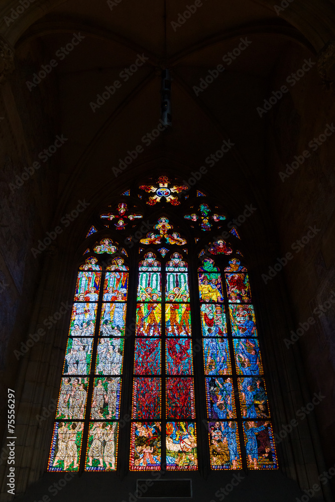 Stained glass window of the Cathedral of Saints Vitus. Prague.