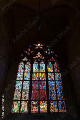 Stained glass window of the Cathedral of Saints Vitus. Prague.