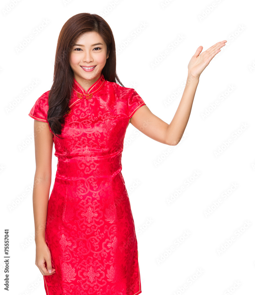 Chinese woman with hand show with blank sign Chinese woman with hand show with blank sign