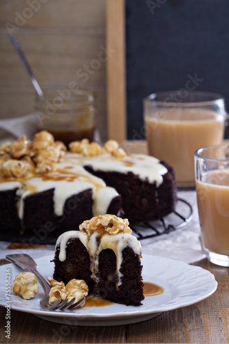 Chocolate cake with cream glaze and caramel
