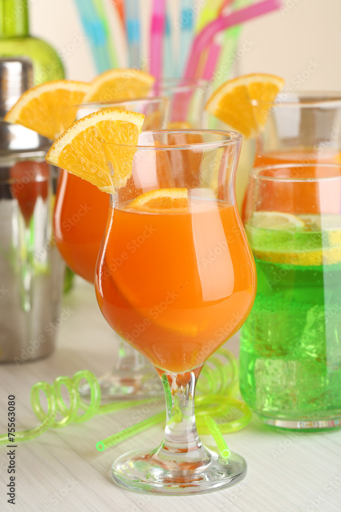 Glasses of fruit cocktails in party close-up Glasses of fruit cocktails in party close-up