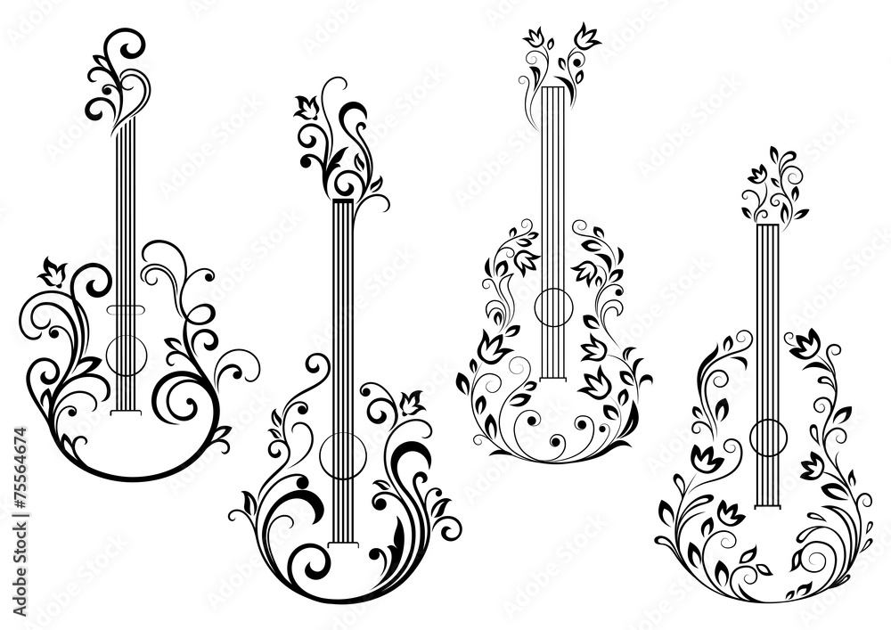 Naklejka premium Floral acoustic guitar icons