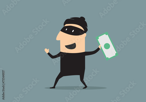 Masked thief with money in cartoon style