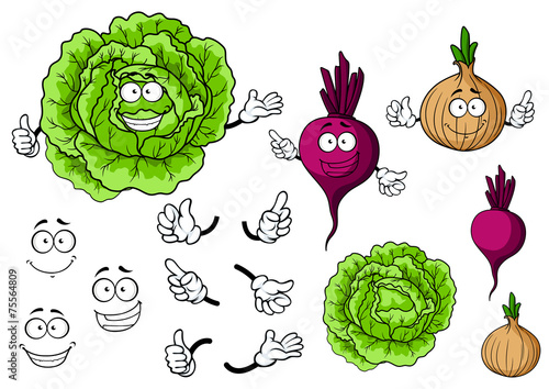Cute cartoon cabbage, beet, onion vegetables