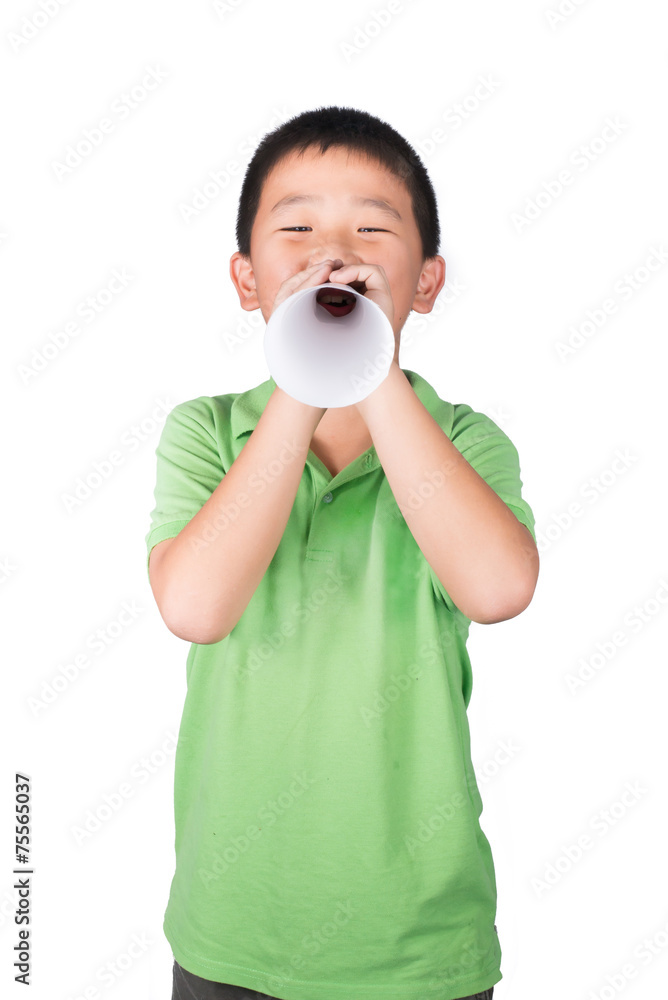 ฺBoy with paper megaphone isolated, rights of a child ฺBoy with paper megaphone isolated, rights of a child