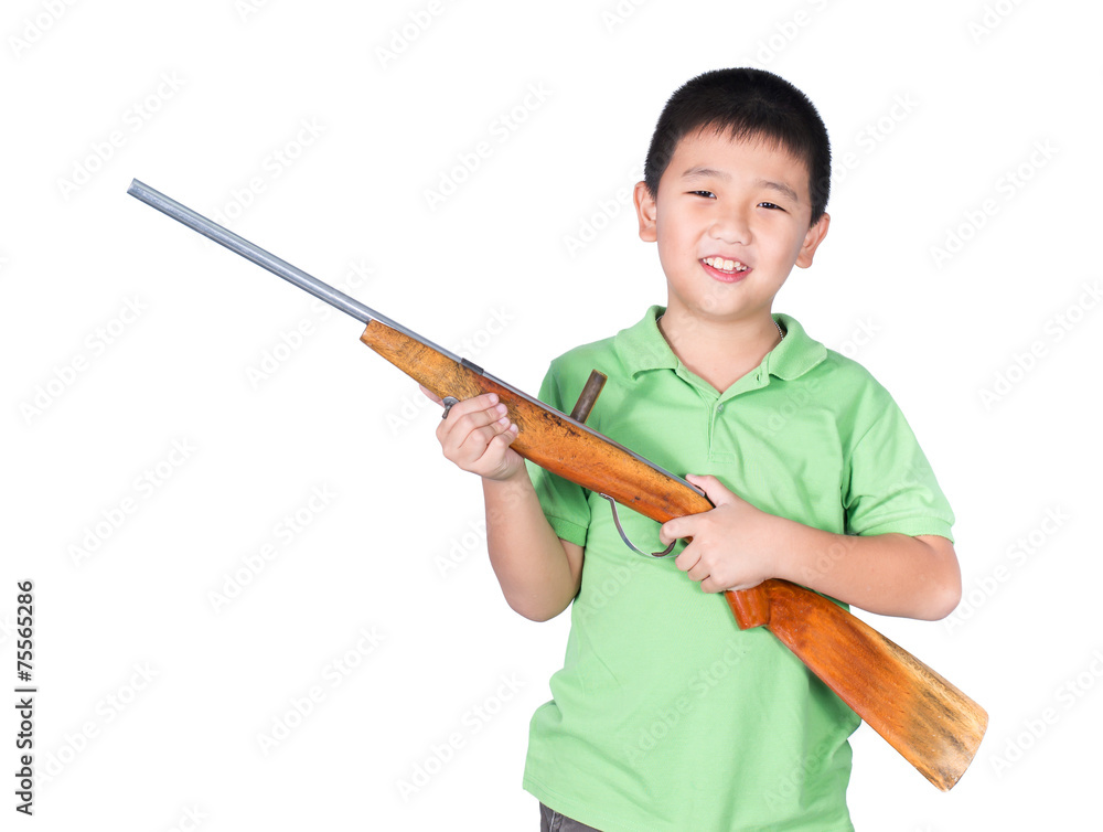 Boy and toy gun rifle isolated on the white background Boy and toy gun rifle isolated on the white background