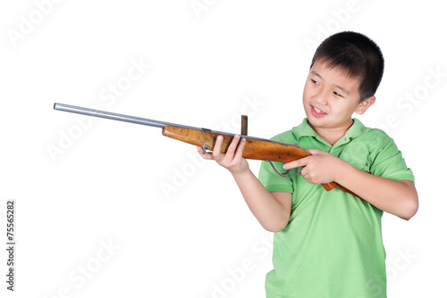 Boy and toy gun rifle isolated on the white background