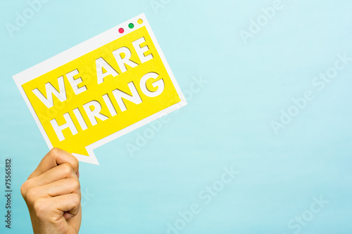 Job message board blue background with empty space. We are hirin