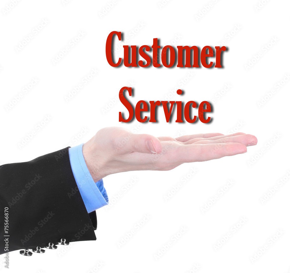 Businessman hand with Customer Service text isolated on white Businessman hand with Customer Service text isolated on white