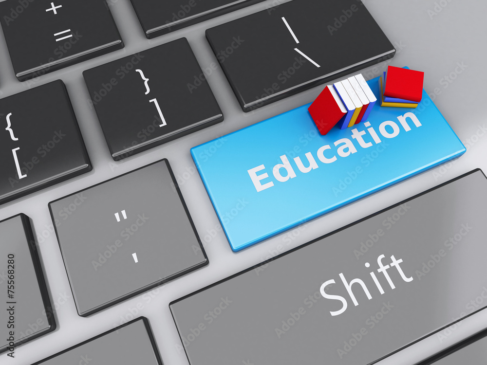 Fototapeta premium 3d books icon on computer keyboard. Education concept.