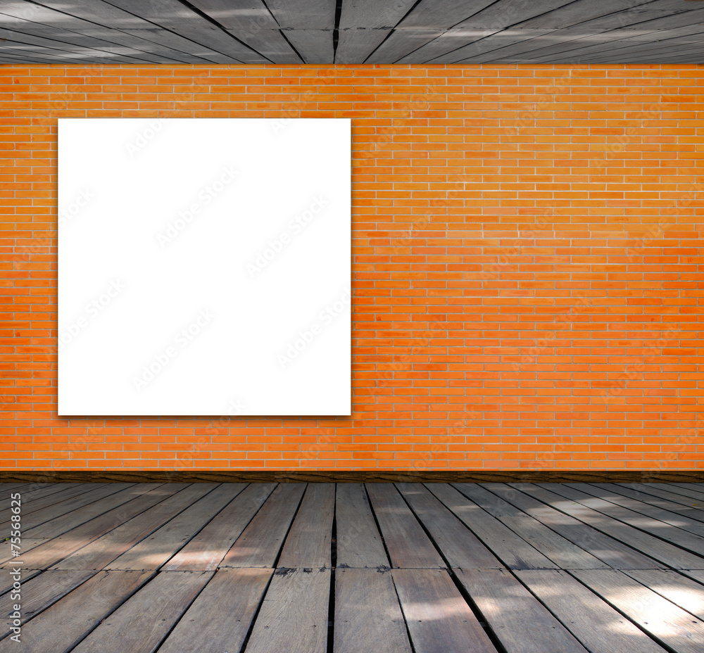 Blank frame on brick wall and wood floor for information message Blank frame on brick wall and wood floor for information message
