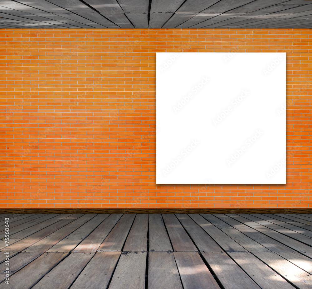 Blank frame on brick wall and wood floor for information message Blank frame on brick wall and wood floor for information message