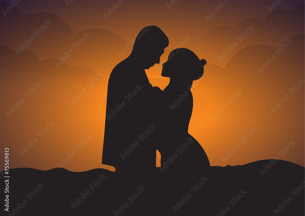 romantic couple silhouette profiles at sunset