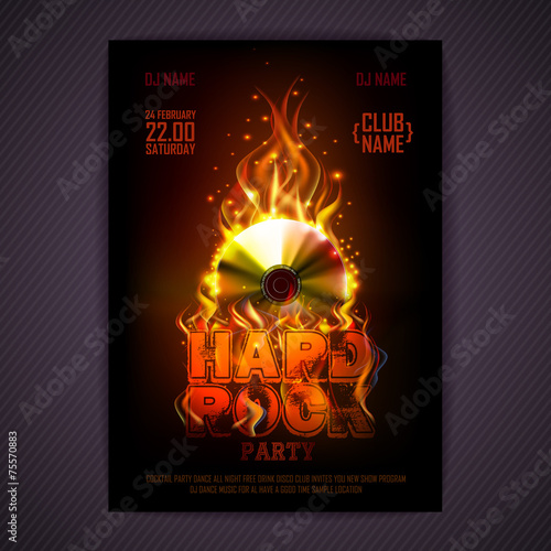 Disco poster. fire Hard rock background. Burning Disck or record