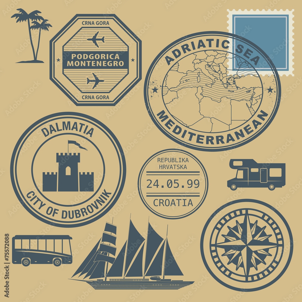 Fototapeta premium Travel stamps set, Mediterranean, vector