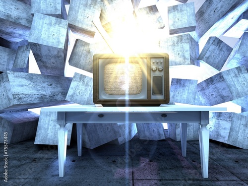 A retro TV set in an grunge dark interior with light beams